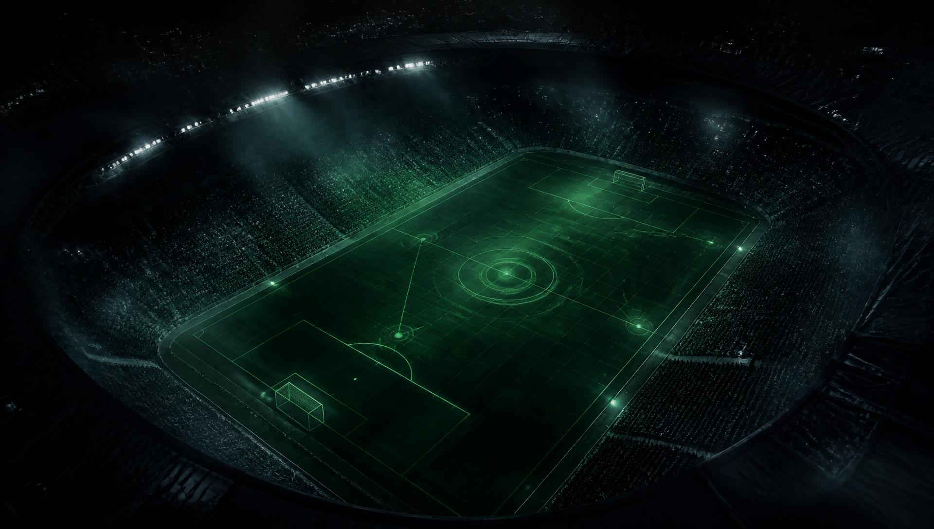 Floodlit football pitch with analytical overlays